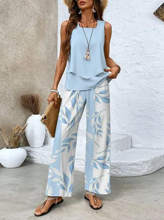 Women's Floral Leaf Two-Piece Set Light Blue Casual Summer Top with Pants