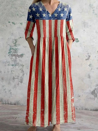 Casual V Neck Independence Day Jersey Dress