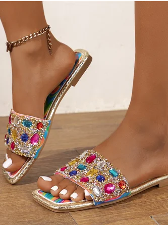 Super Large Colorful Rhinestone Flat Slippers Summer New Soft Outdoor Beach Colorful Diamond Casual Women's Shoes