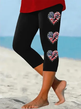 Women's Retro Independence Day Flag Heart Fireworks Print Leggings