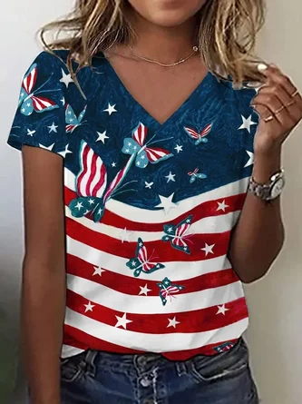 Women's Short Sleeve T-shirt Summer As Picture Independence Day (Flag) Printing V Neck Daily Going Out Casual Top