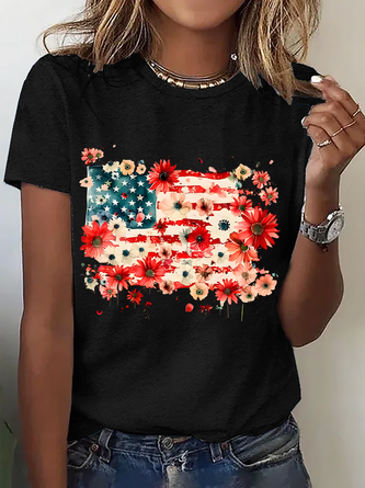 Floral American Flag Cotton T-Shirt