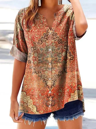 Casual V Neck Cotton Nationality/Ethnic Shirt