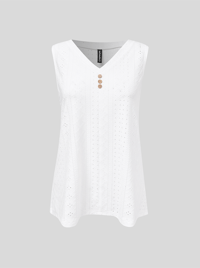 Loose V Neck Casual Buttoned Eyelet Embroidery  Front Tank Top