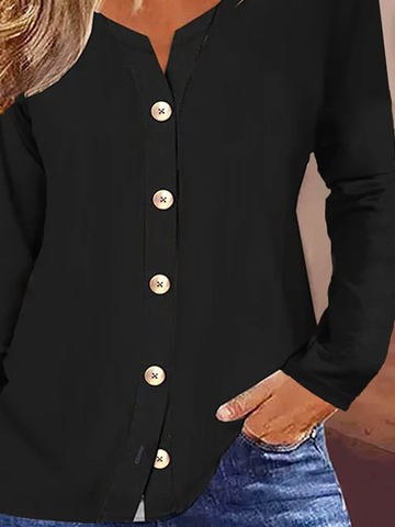 Plus Size V Neck Casual Loose Plain Long Sleeve Jersey Blouse With Buttons