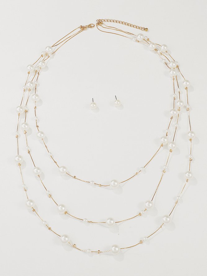 Elegant Imitation Pearl Multilayer Necklaces with Stud Earrings Jewelry Set