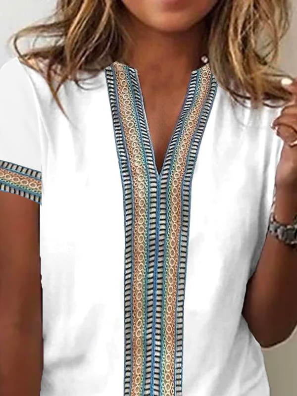 Plain Casual V Neck Lace Edge T-Shirt