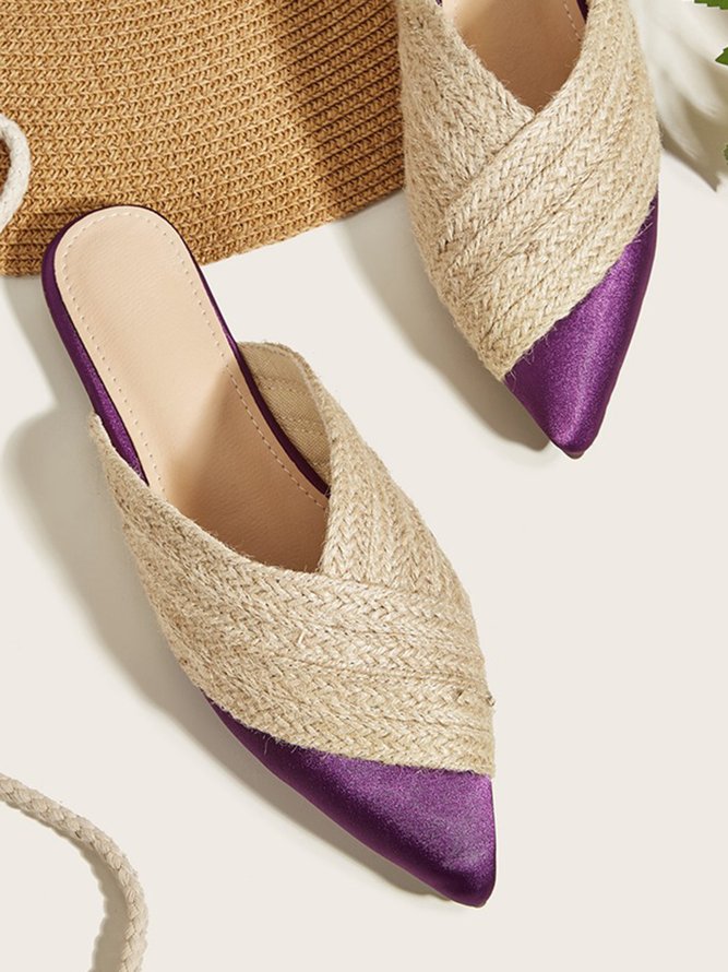 Color-block Satin Straw Weaved Vacation Flat Mules