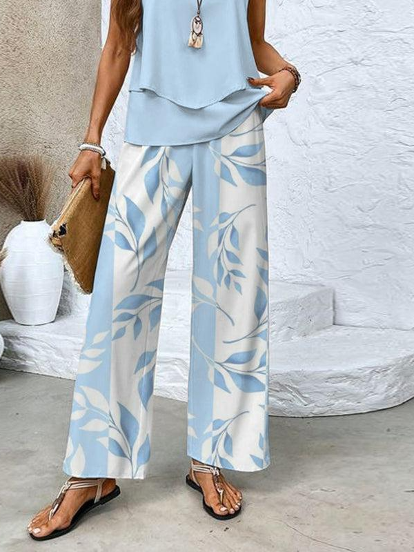 Women's Floral Leaf Two-Piece Set Light Blue Casual Summer Top with Pants