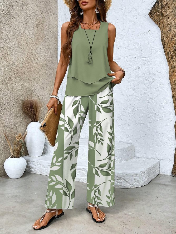 Women's Floral Leaf Two-Piece Set Light Blue Casual Summer Top with Pants