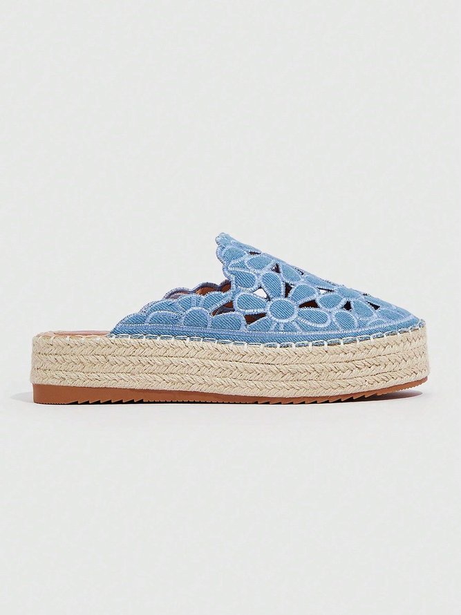 Hollow Out Floral Embroidered Platform Espadrille Mules