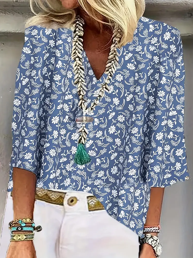 Plants Shawl Collar Casual Cotton Blouse