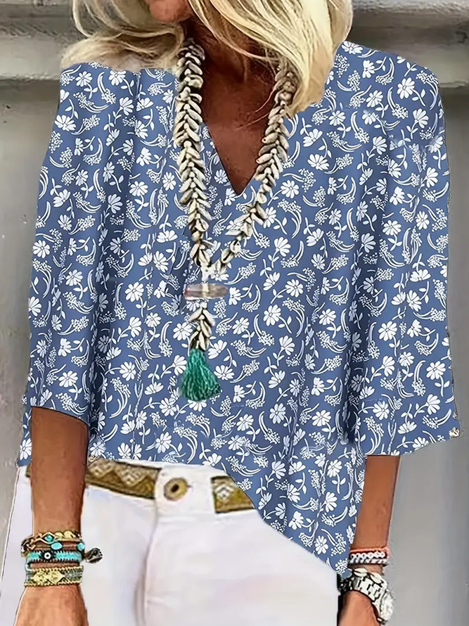 Plants Shawl Collar Casual Cotton Blouse