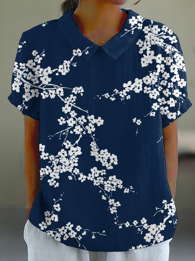 Comstylish Cherry Blossom Japanese Print Casual Cotton Linen Shirt