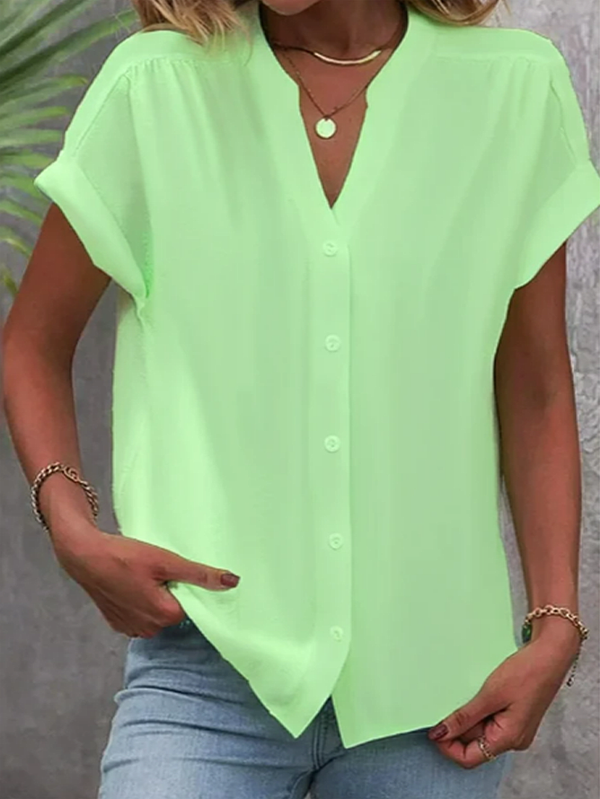Women's Short Sleeve Shirt Summer White Plain Buckle V Neck Daily Going Out Casual Top