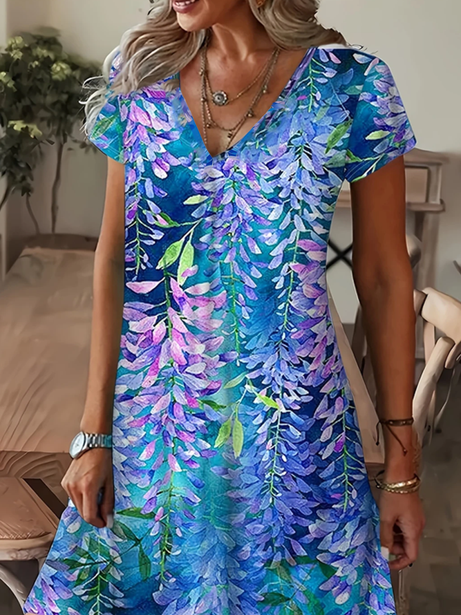 Casual V Neck Floral Dress With No