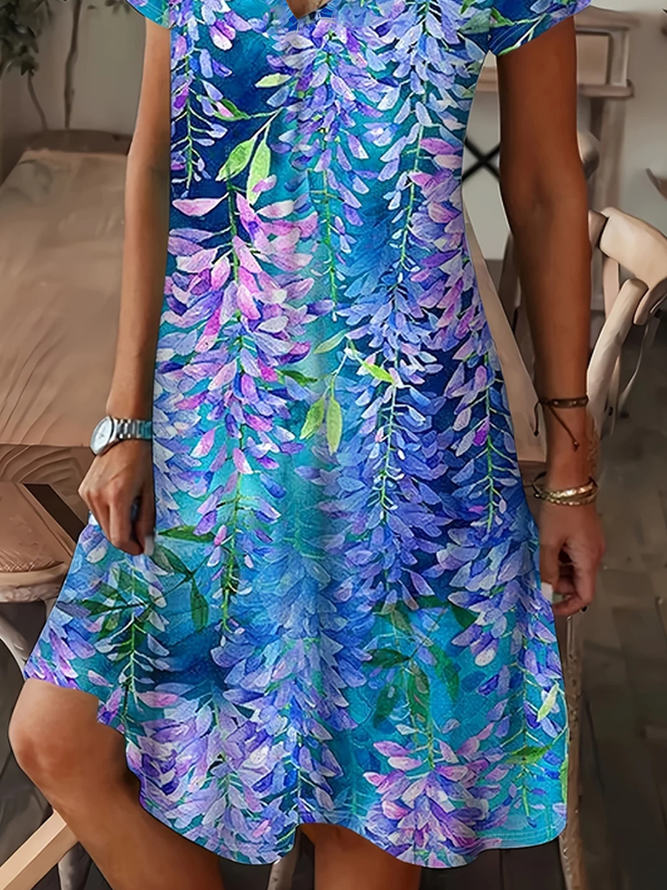 Casual V Neck Floral Dress With No