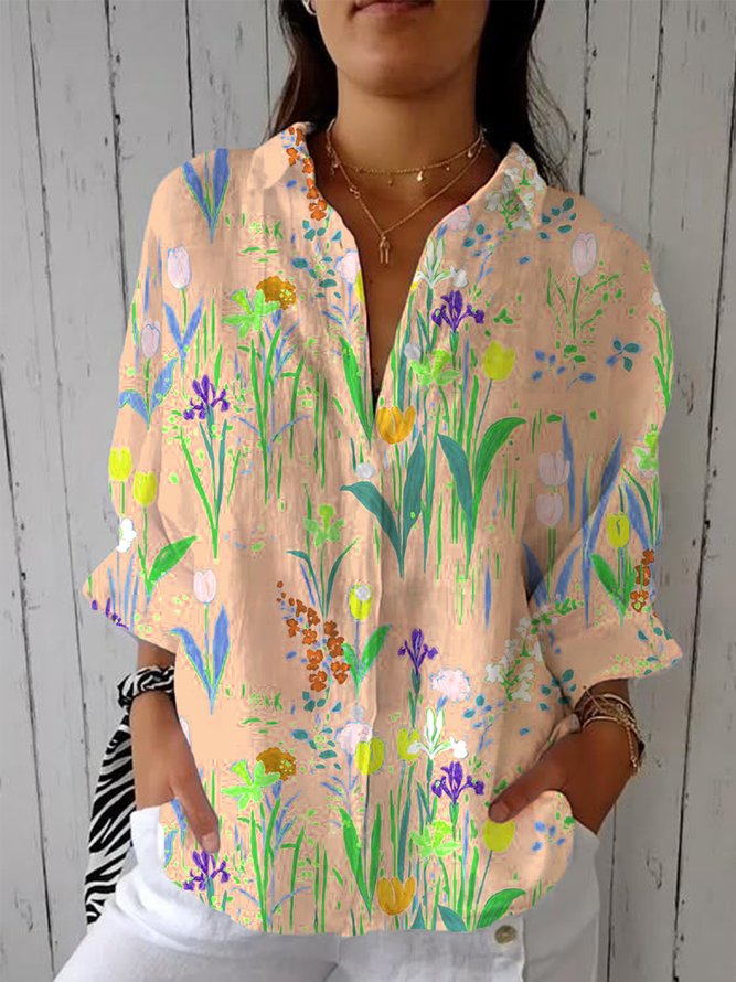 Women's Retro Floral Print Casual Cotton And Linen Shirt