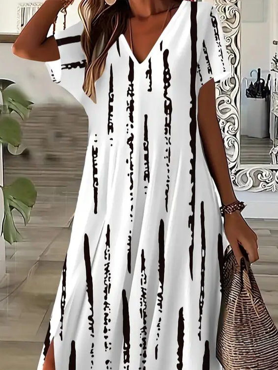 Women's Striped Print V-Neck Short Sleeve Slit Dress