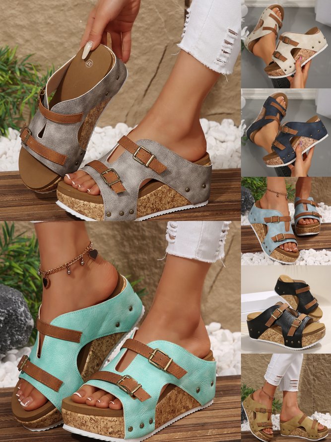 Pu Summer Western Style Color Block Slide Sandals