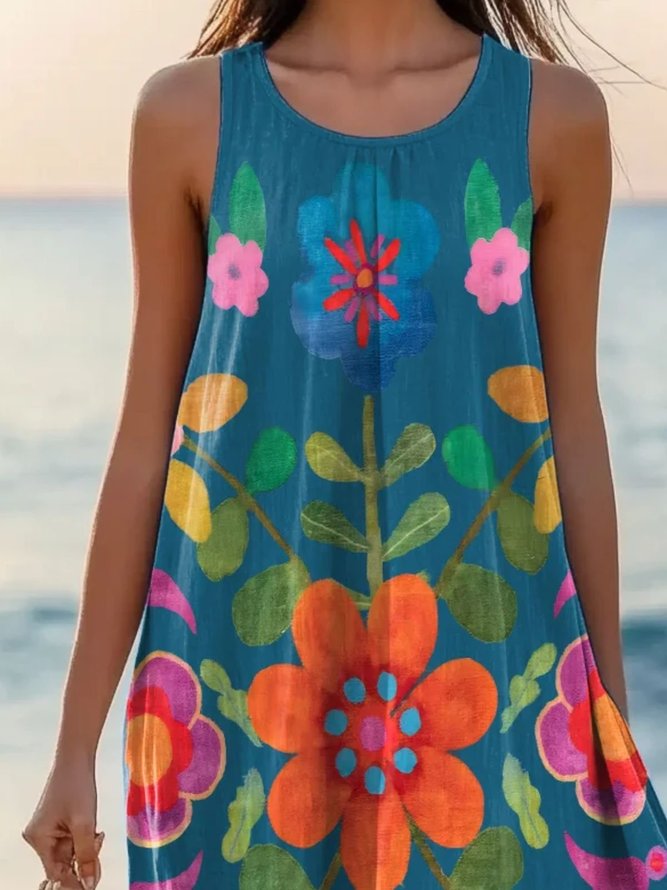 Floral Cotton Simple Dress With No