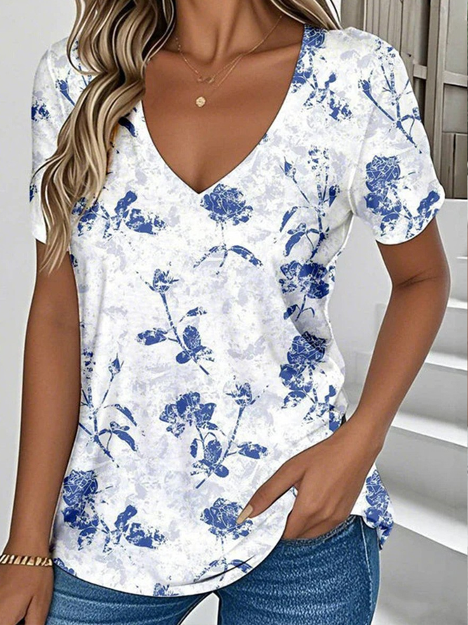 Cotton Casual Floral V Neck T-Shirt