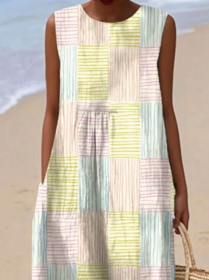 Regular Fit Colorblock Vacation Cotton Dress With No