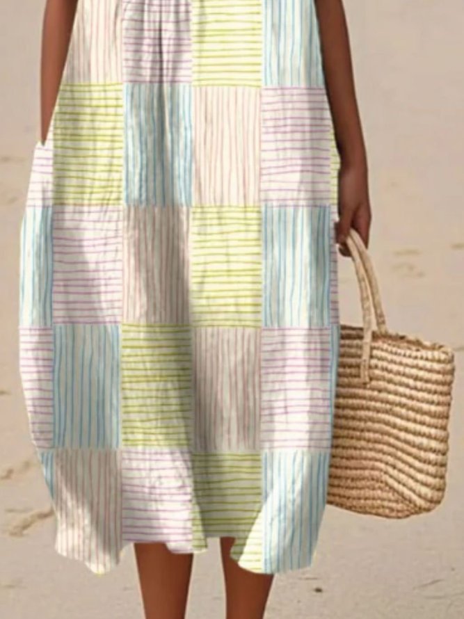 Regular Fit Colorblock Vacation Cotton Dress With No