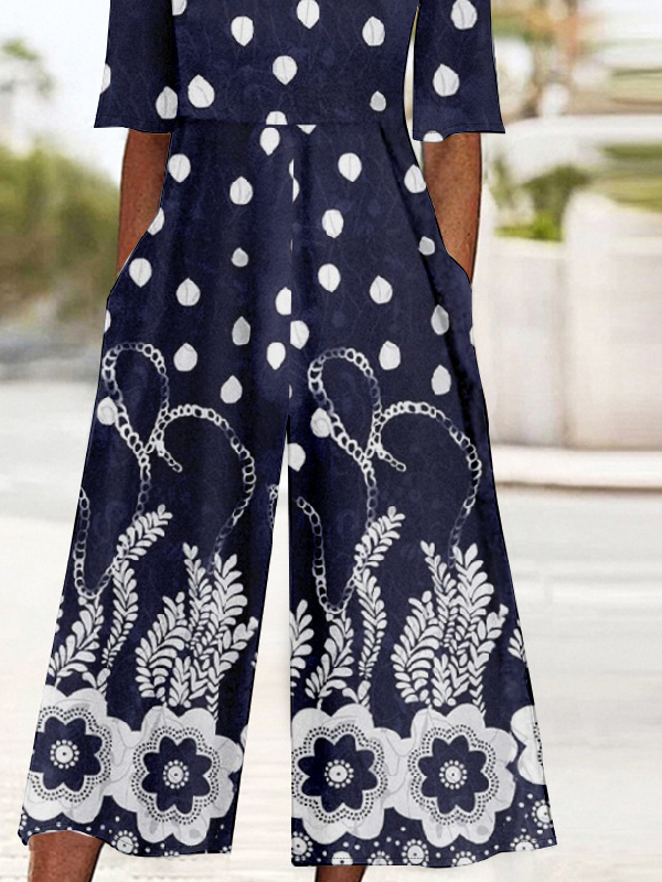 V Neck Vintage Gradient Pattern Loose Jumpsuit