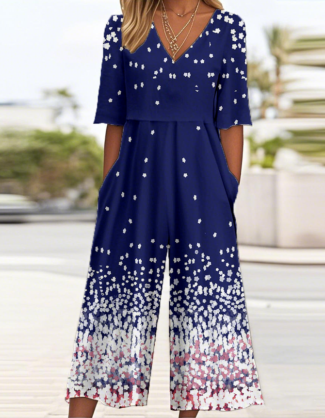 Gradient Pattern Simple V Neck Jumpsuit