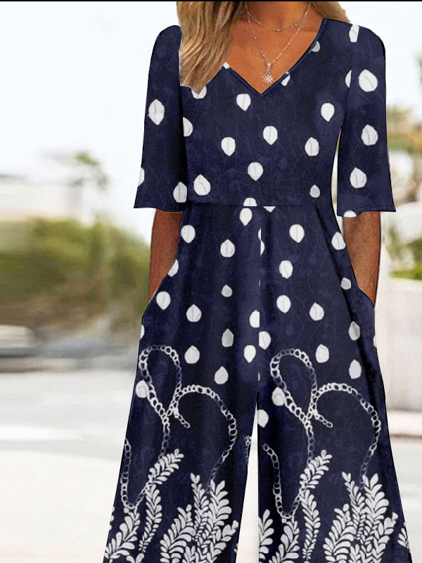 V Neck Vintage Gradient Pattern Loose Jumpsuit