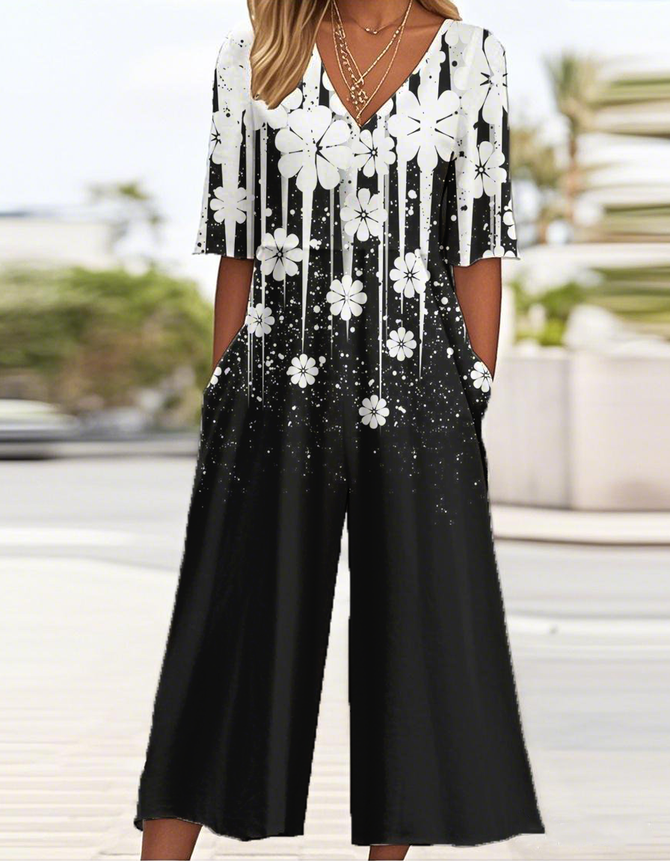 V Neck Casual Loose Gradient Pattern Jumpsuit