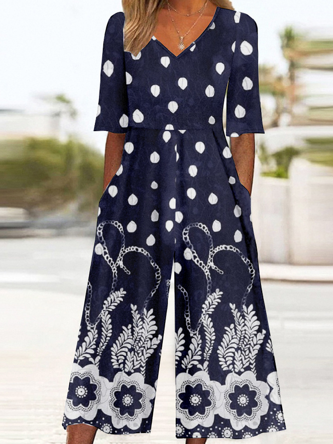 V Neck Vintage Gradient Pattern Loose Jumpsuit