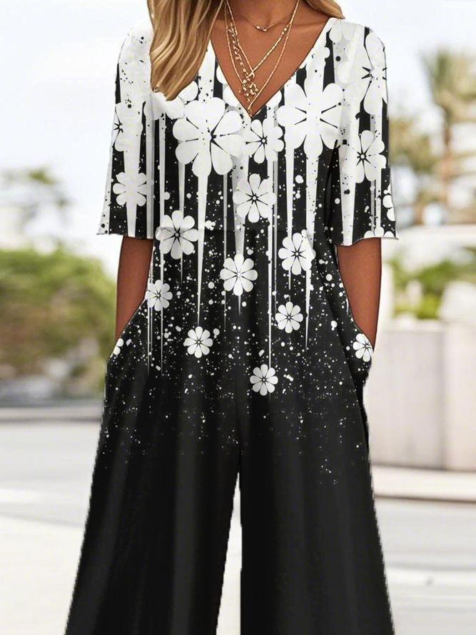 V Neck Casual Loose Gradient Pattern Jumpsuit