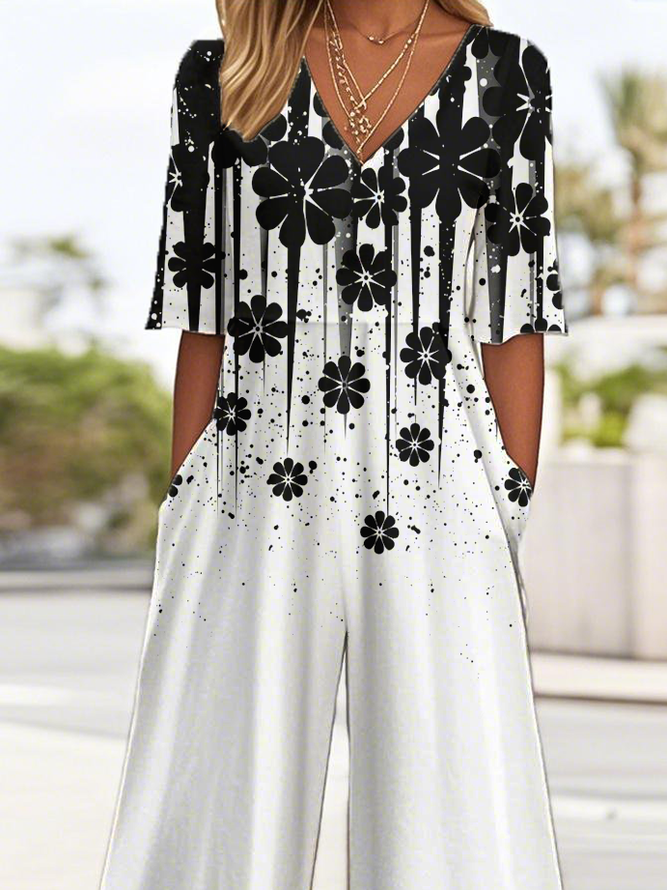 V Neck Casual Loose Gradient Pattern Jumpsuit