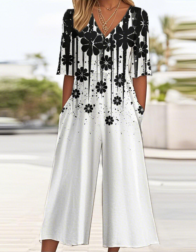 V Neck Casual Loose Gradient Pattern Jumpsuit