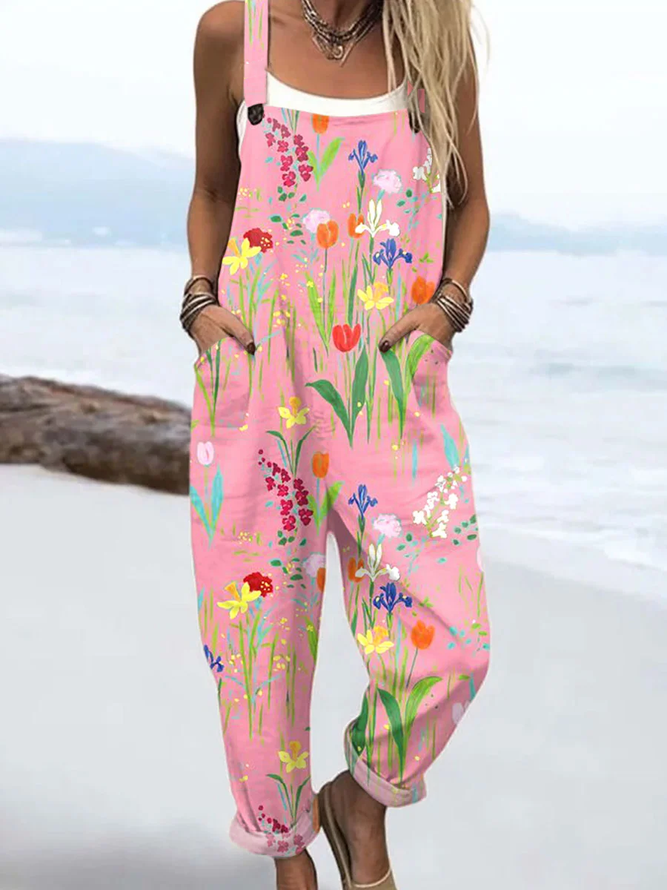Women's H-Line Overall Square Neck Daily Going Out Casual Printing Floral Spring/Fall Long Jumpsuit Romper
