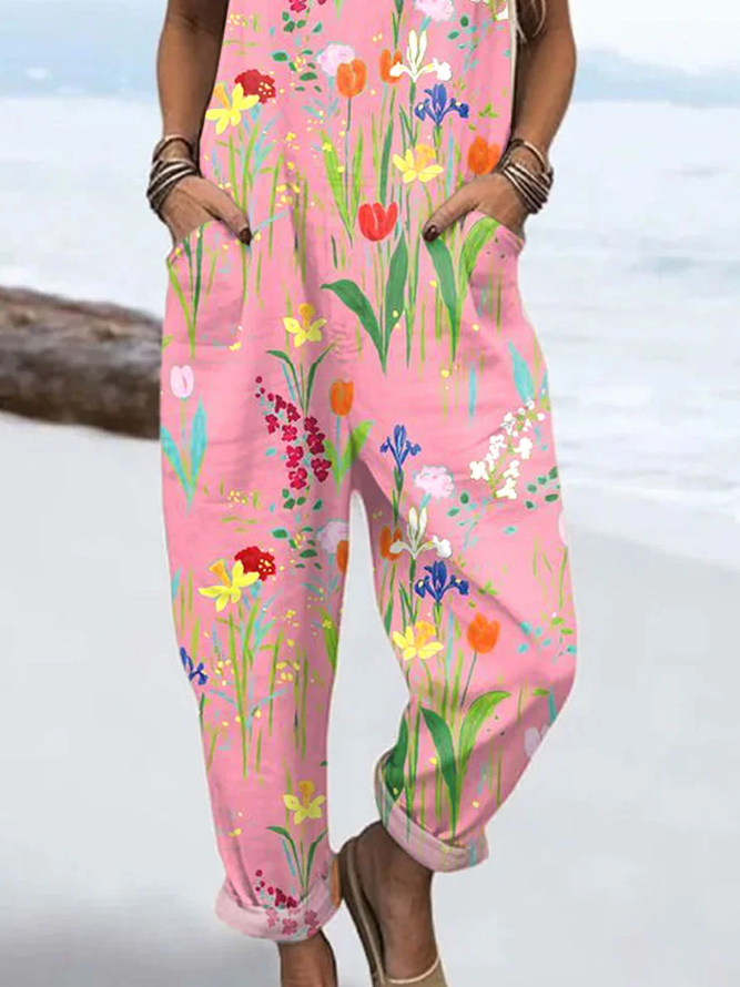 Women's H-Line Overall Square Neck Daily Going Out Casual Printing Floral Spring/Fall Long Jumpsuit Romper