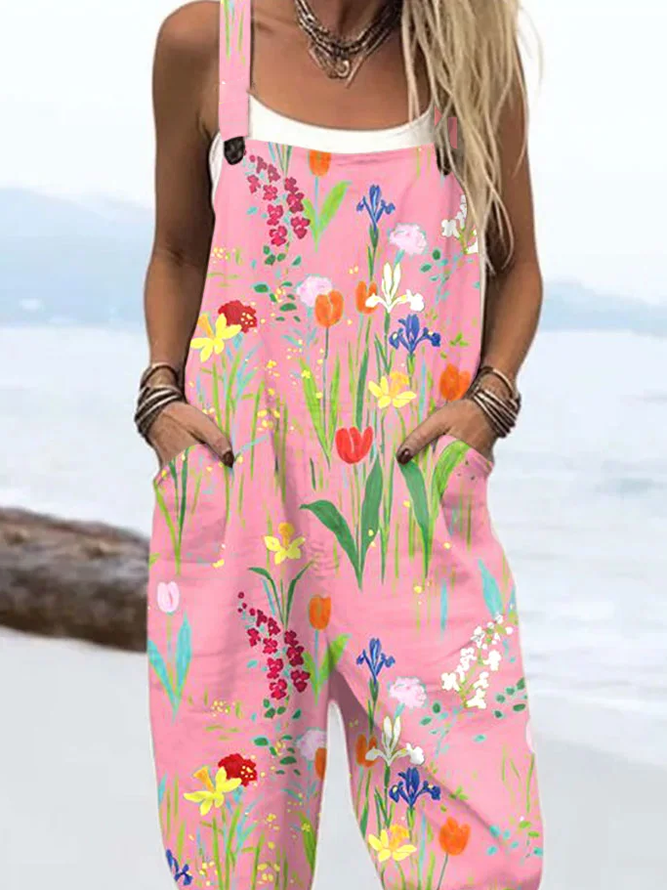 Women's H-Line Overall Square Neck Daily Going Out Casual Printing Floral Spring/Fall Long Jumpsuit Romper