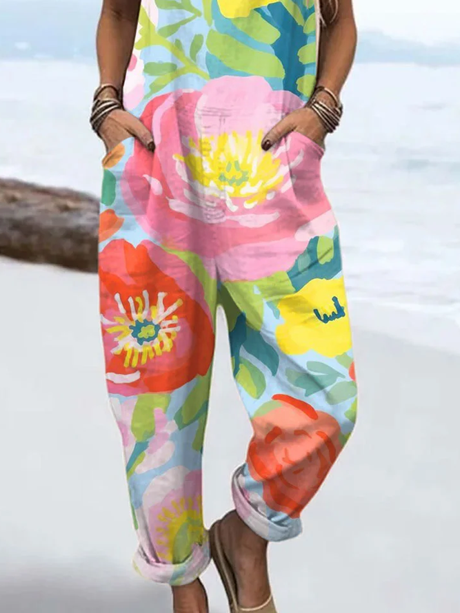 Women's H-Line Overall Square Neck Daily Going Out Casual Printing Floral Spring/Fall Long Jumpsuit Romper