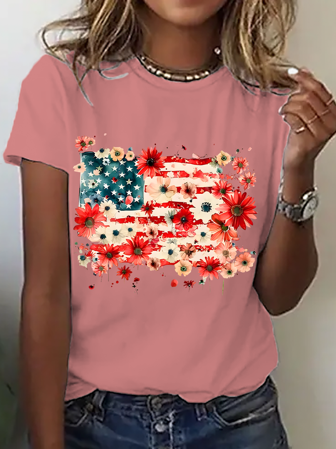 Floral American Flag Cotton T-Shirt