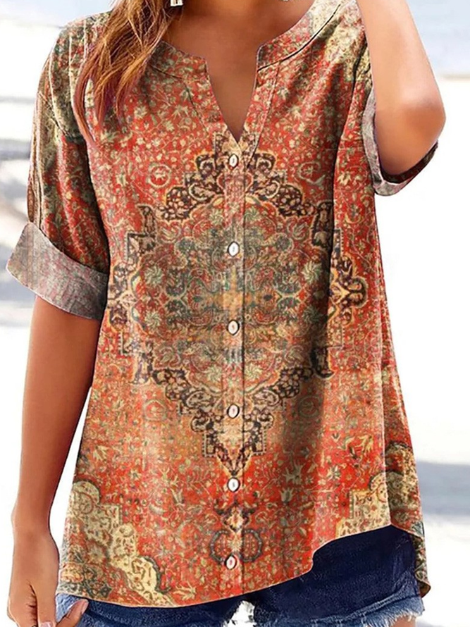 Casual V Neck Cotton Nationality/Ethnic Shirt
