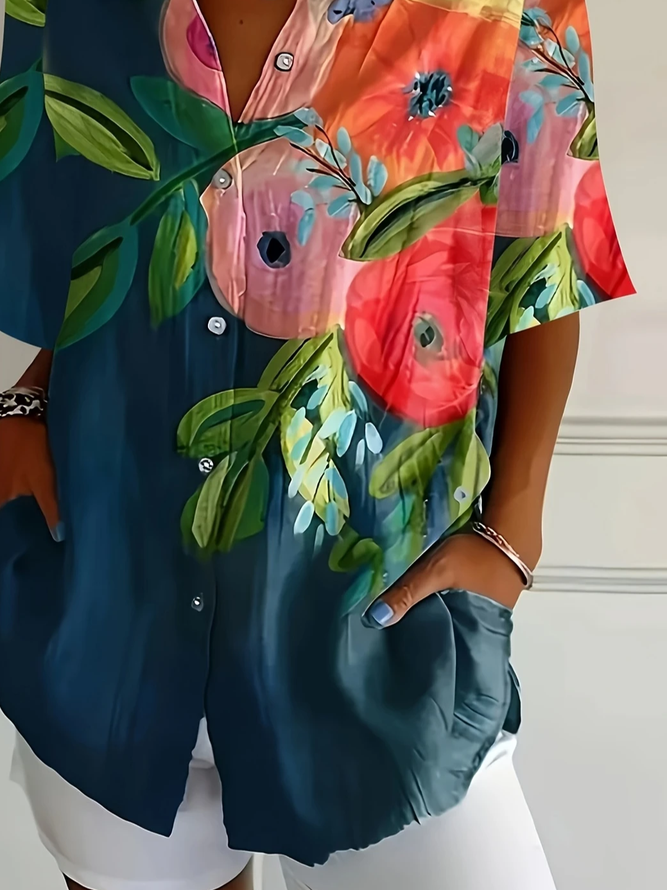 Women's Short Sleeve Shirt Summer Navyblue Floral Printing Shirt Collar Daily Going Out Casual Top