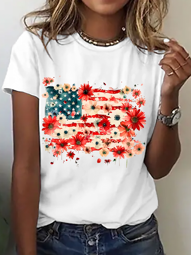 Floral American Flag Cotton T-Shirt