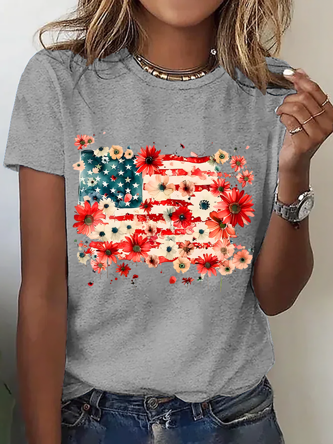 Floral American Flag Cotton T-Shirt