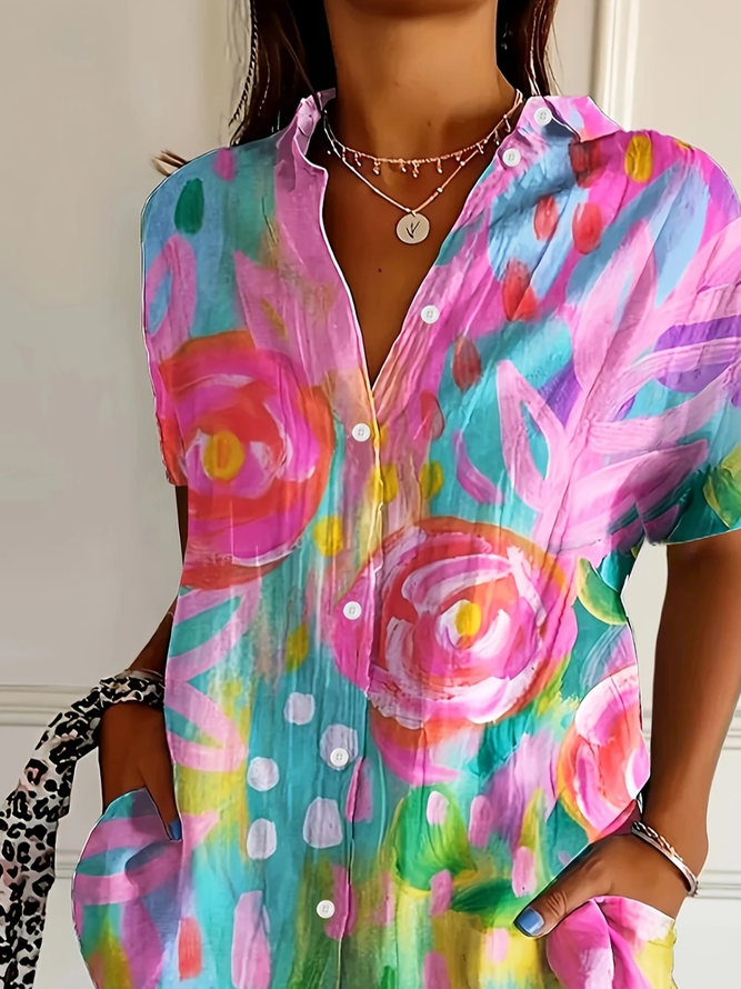 Women's Short Sleeve Shirt Summer Pink Floral Printing Shirt Collar Daily Going Out Casual Top