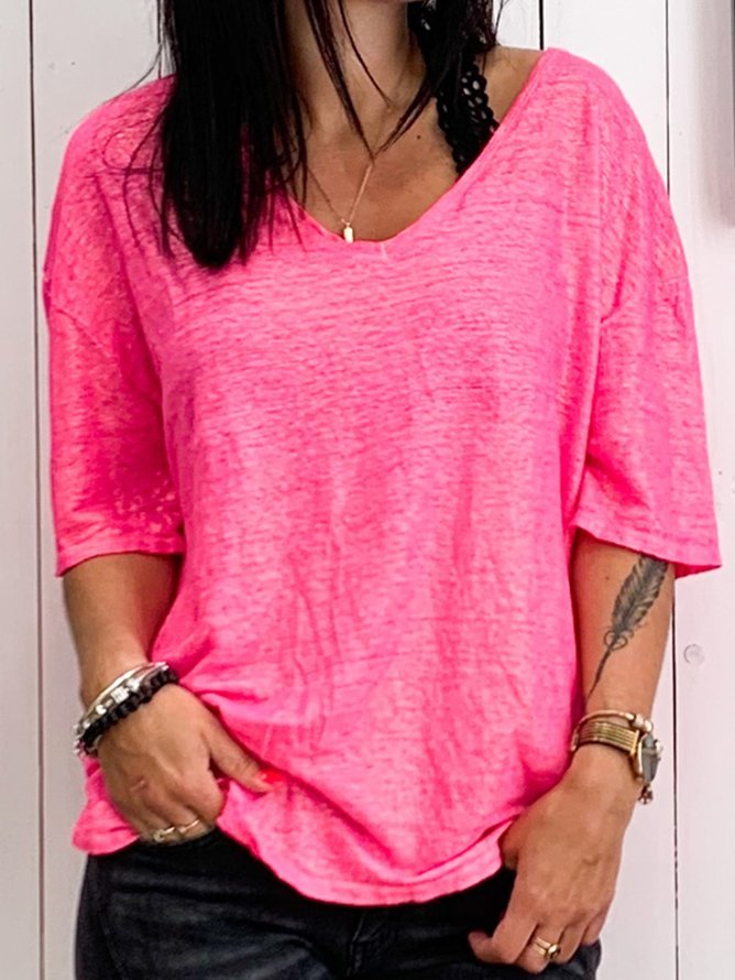 Casual Loose V-Neck Solid Color Short-Sleeved Top