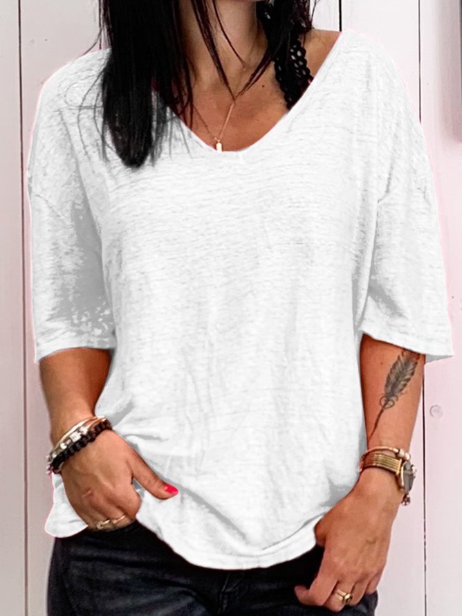 Casual Loose V-Neck Solid Color Short-Sleeved Top