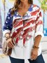 Plus Size Independence Day Casual Long Sleeve Blouse With America Flag