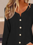 Plus Size V Neck Casual Loose Plain Long Sleeve Jersey Blouse With Buttons